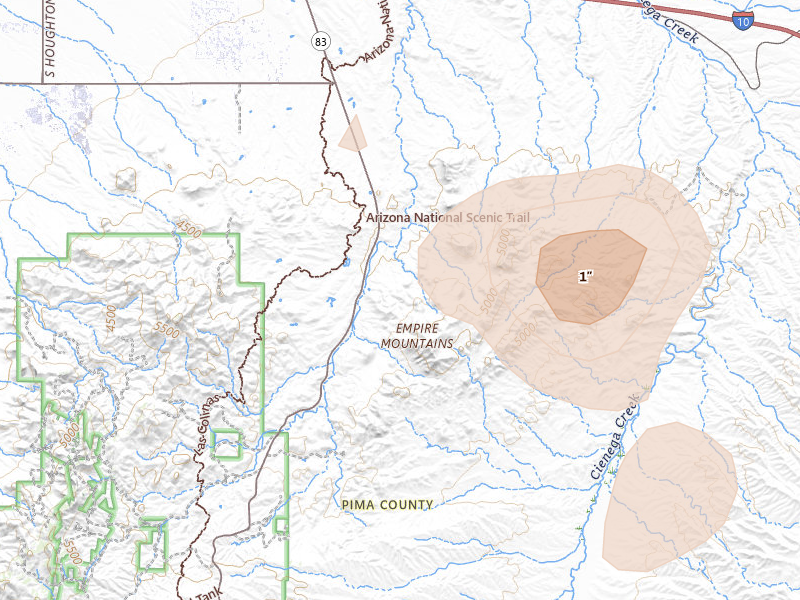 Radar-estimated hail-size map of the storm over Vail, AZ on Jul 11, 2026