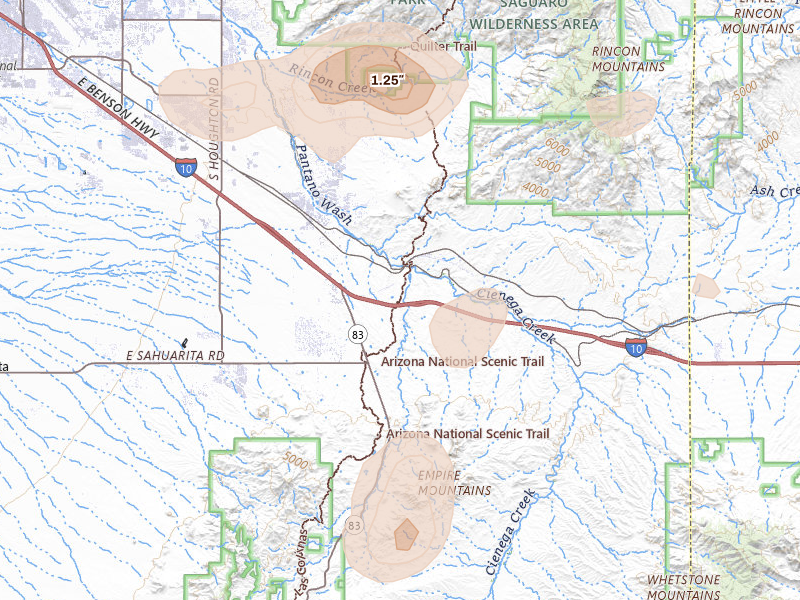 Radar-estimated hail-size map of the storm over Vail, AZ on Aug 5, 2026