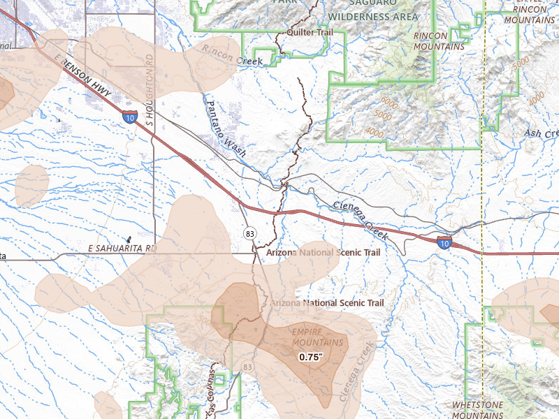 Radar-estimated hail-size map of the storm over Vail, AZ on Aug 19, 2026