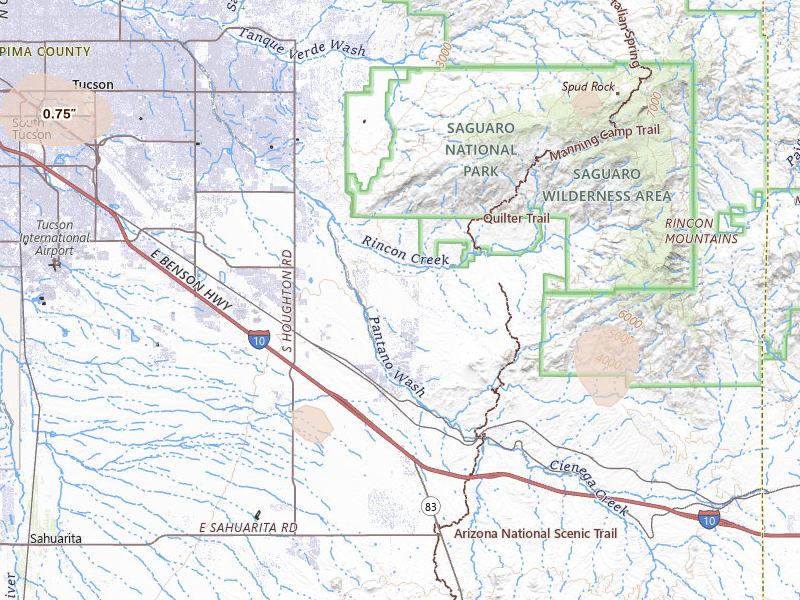 Radar-estimated hail-size map of the storm over Vail, AZ on Aug 27, 2026