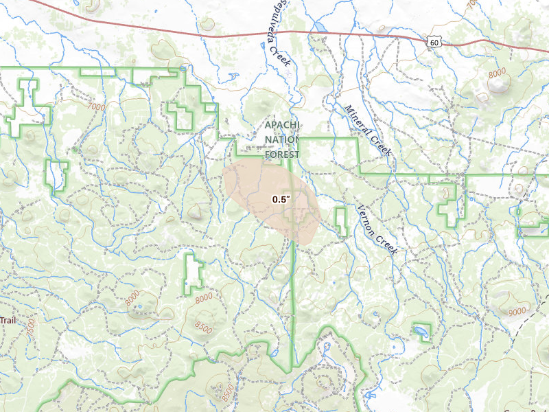 Radar-estimated hail-size map of the storm over Vernon, AZ on Jul 20, 2026