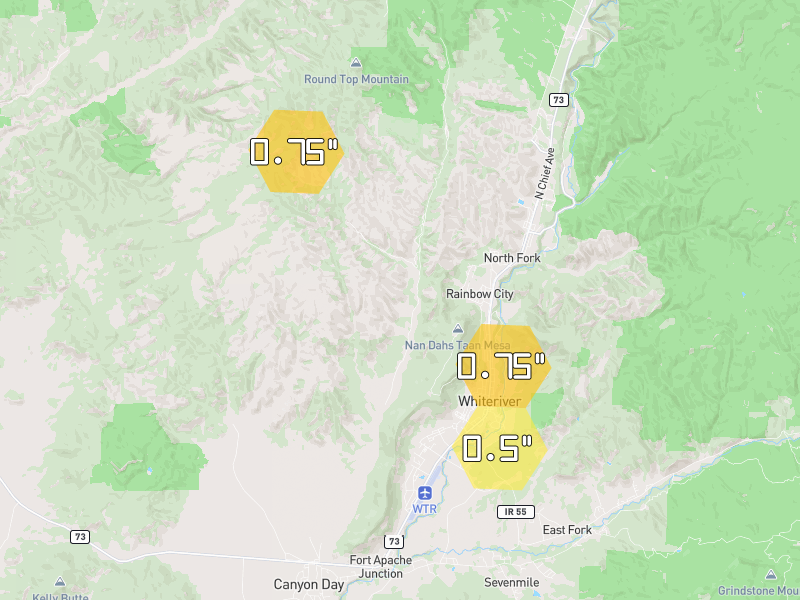 Hail map of Whiteriver, AZ on Jul 24, 2026, hail up to 0.75"