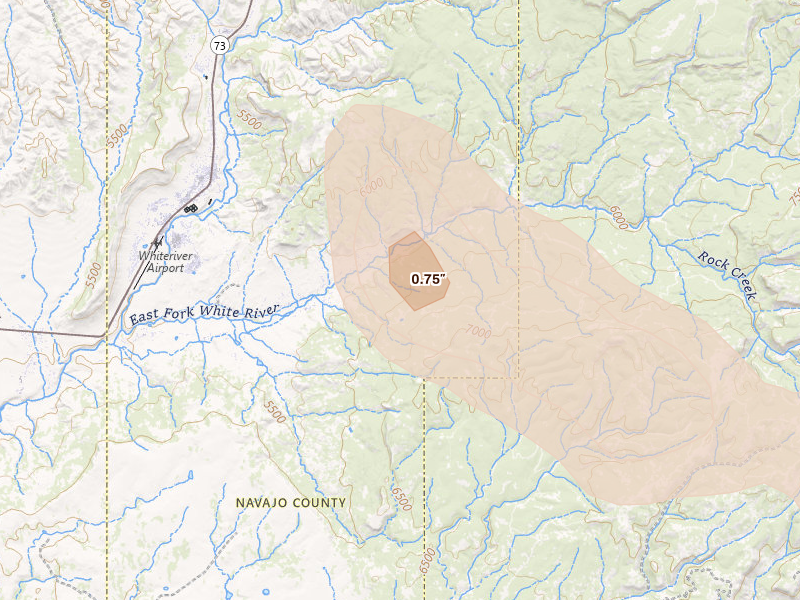 Radar-estimated hail-size map of the storm over Whiteriver, AZ on Jul 28, 2026
