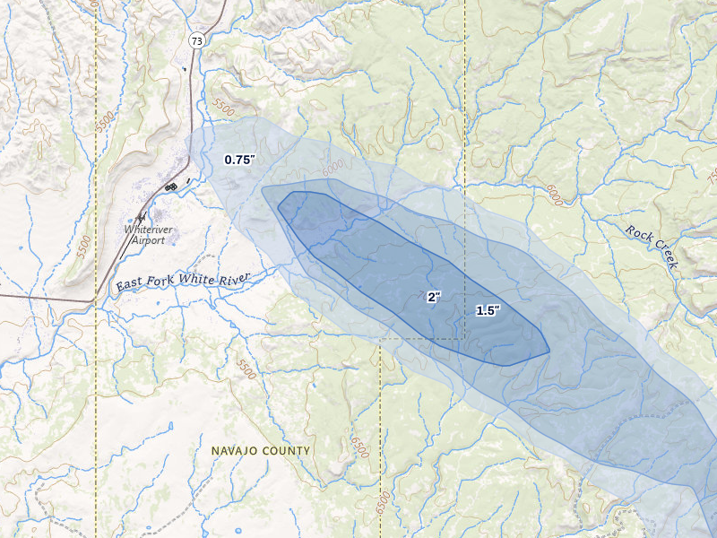 NEXRAD radar-signature map of the hail storm over Whiteriver, AZ on Jul 28, 2026