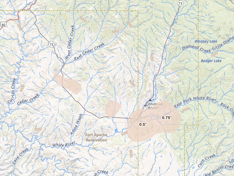 Radar-estimated hail-size map of the storm over Whiteriver, AZ on Aug 3, 2026