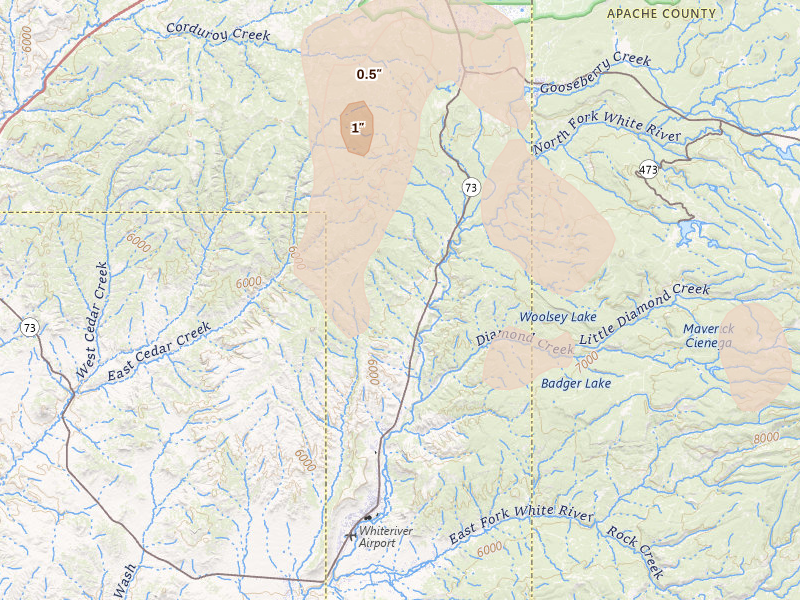Radar-estimated hail-size map of the storm over Whiteriver, AZ on Aug 5, 2026