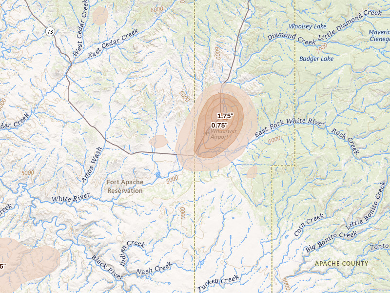 Radar-estimated hail-size map of the storm over Whiteriver, AZ on Aug 19, 2026