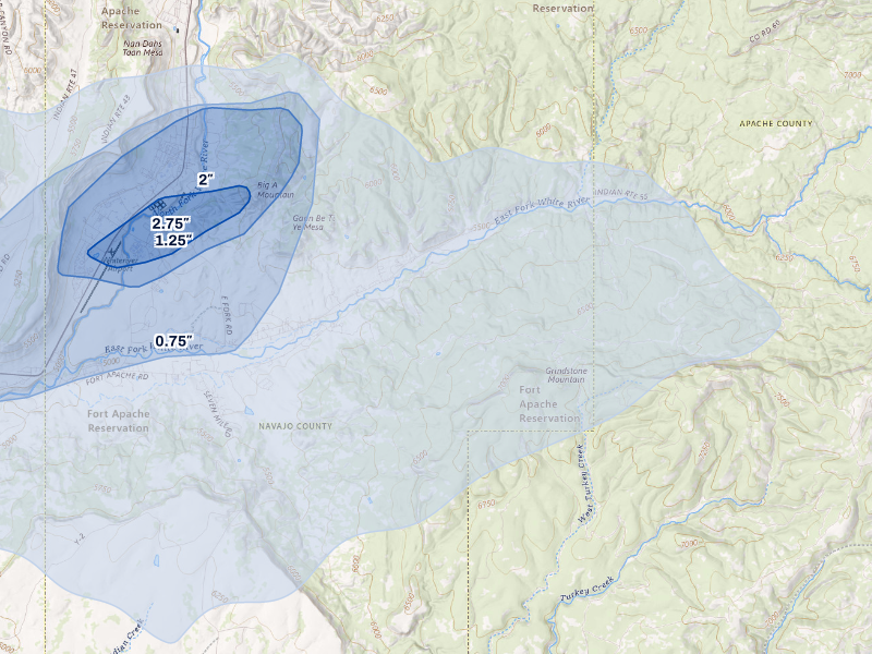NEXRAD radar-signature map of the hail storm over Whiteriver, AZ on Aug 19, 2026