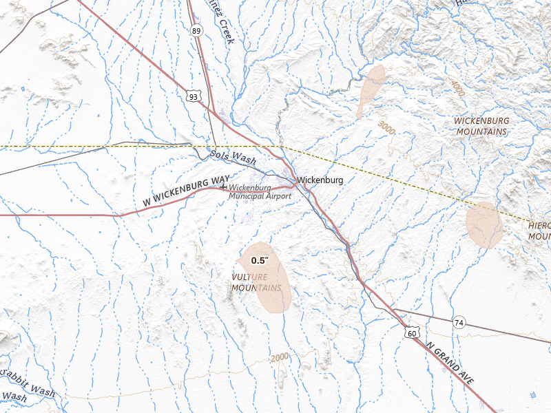 Radar-estimated hail-size map of the storm over Wickenburg, AZ on Aug 8, 2026