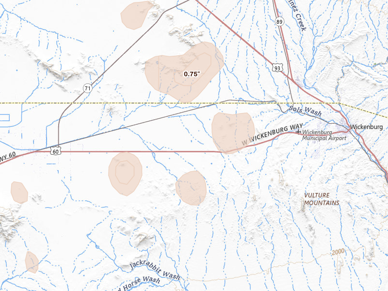 Radar-estimated hail-size map of the storm over Wickenburg, AZ on Aug 9, 2026