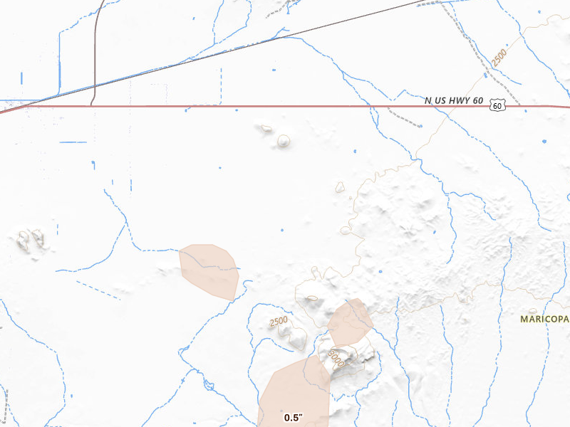 Radar-estimated hail-size map of the storm over Wickenburg, AZ on Aug 23, 2026