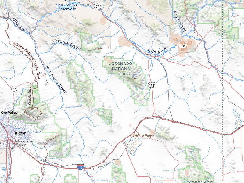 Radar-estimated hail-size map of the storm over Willcox, AZ on Jun 3, 2026