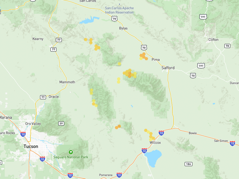Hail map of Willcox, AZ on Jun 3, 2026, hail up to 1.25"