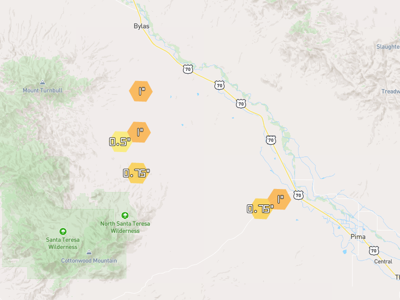 Hail map of Willcox, AZ on Jun 4, 2026, hail up to 1"