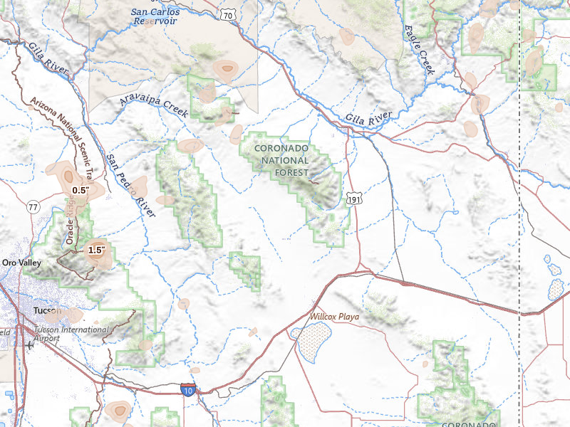 Radar-estimated hail-size map of the storm over Willcox, AZ on Jul 11, 2026