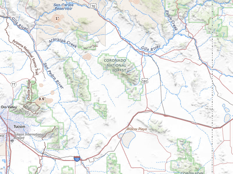 Radar-estimated hail-size map of the storm over Willcox, AZ on Jul 24, 2026