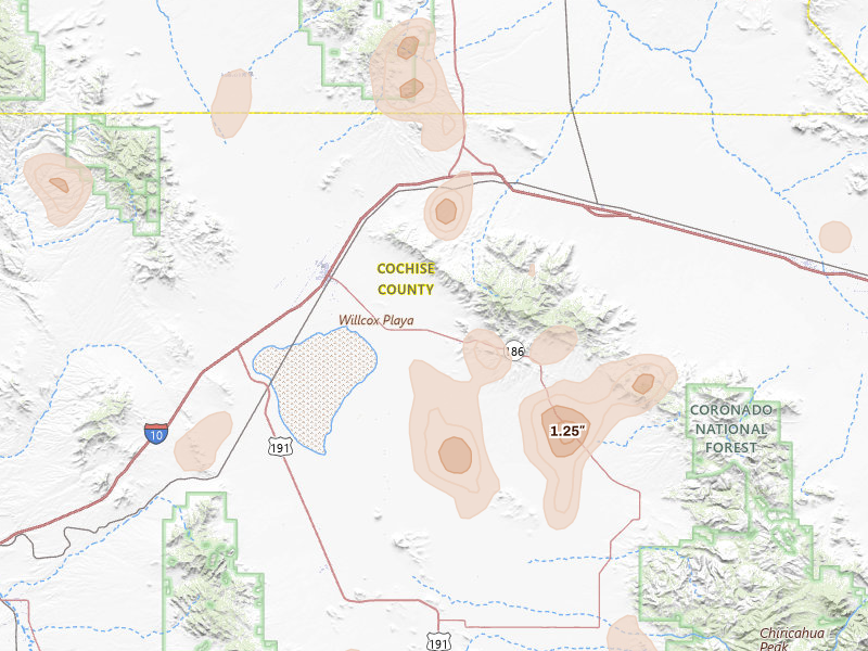 Radar-estimated hail-size map of the storm over Willcox, AZ on Aug 3, 2026