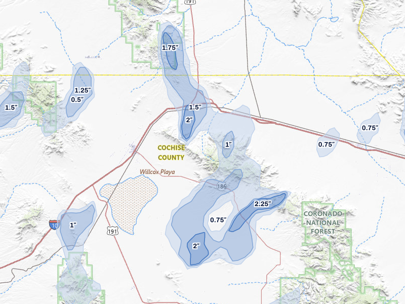 NEXRAD radar-signature map of the hail storm over Willcox, AZ on Aug 3, 2026