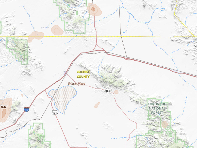Radar-estimated hail-size map of the storm over Willcox, AZ on Aug 5, 2026
