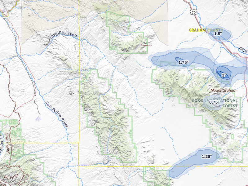 NEXRAD radar-signature map of the hail storm over Willcox, AZ on Aug 5, 2026