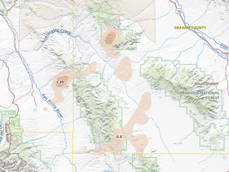 Radar-estimated hail-size map of the storm over Willcox, AZ on Aug 7, 2026