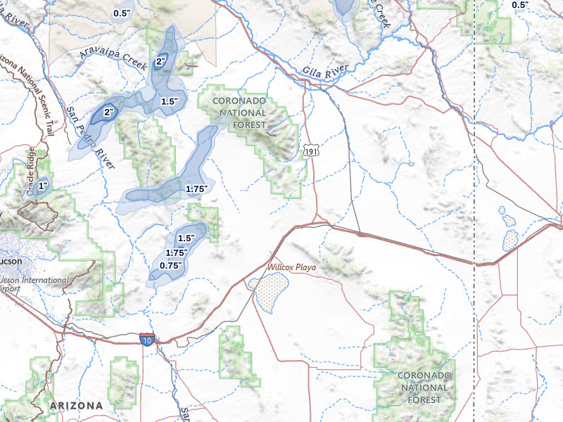 NEXRAD radar-signature map of the hail storm over Willcox, AZ on Aug 7, 2026