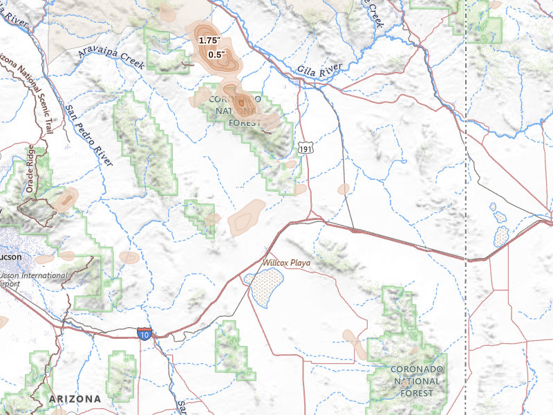 Radar-estimated hail-size map of the storm over Willcox, AZ on Aug 10, 2026