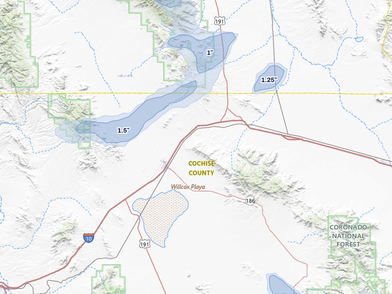 NEXRAD radar-signature map of the hail storm over Willcox, AZ on Aug 10, 2026