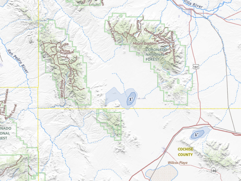 NEXRAD radar-signature map of the hail storm over Willcox, AZ on Sep 11, 2026