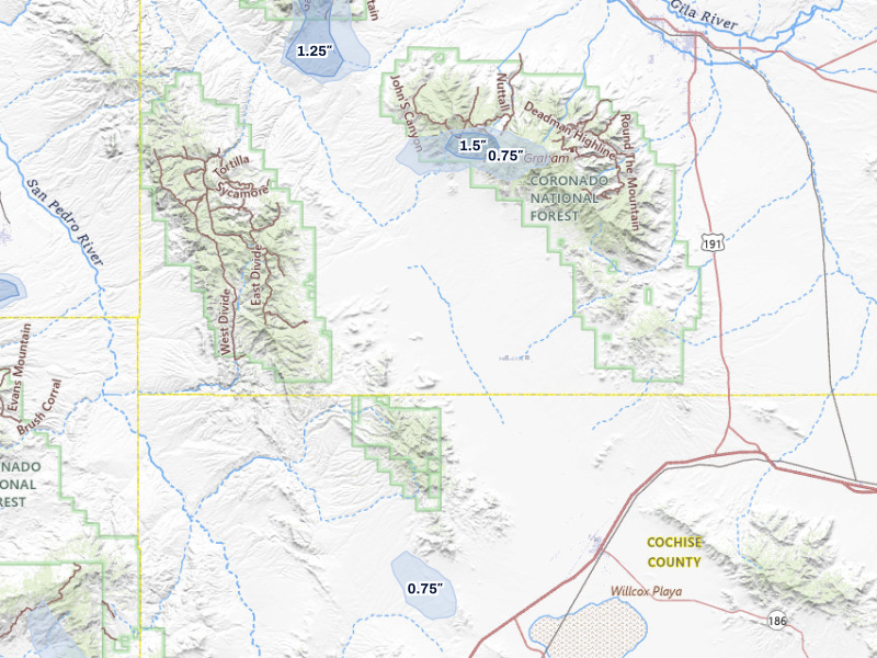 NEXRAD radar-signature map of the hail storm over Willcox, AZ on Sep 12, 2026