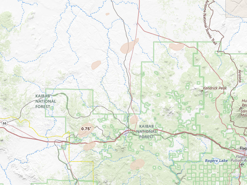 Radar-estimated hail-size map of the storm over Williams, AZ on Jun 14, 2026