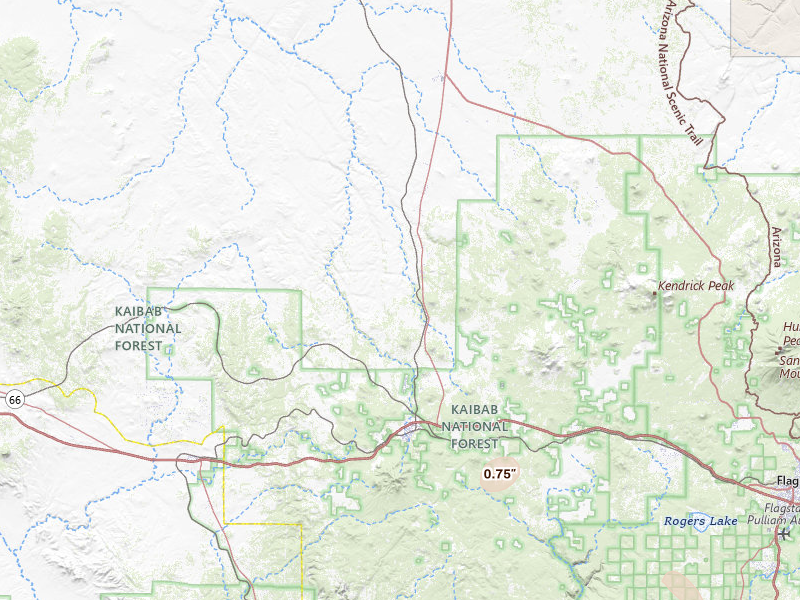 Radar-estimated hail-size map of the storm over Williams, AZ on Jul 12, 2026