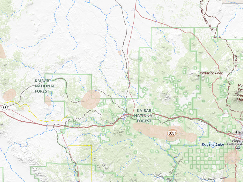 Radar-estimated hail-size map of the storm over Williams, AZ on Aug 6, 2026