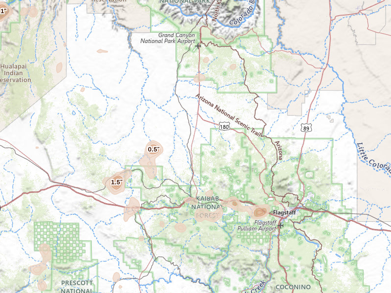 Radar-estimated hail-size map of the storm over Williams, AZ on Aug 20, 2026