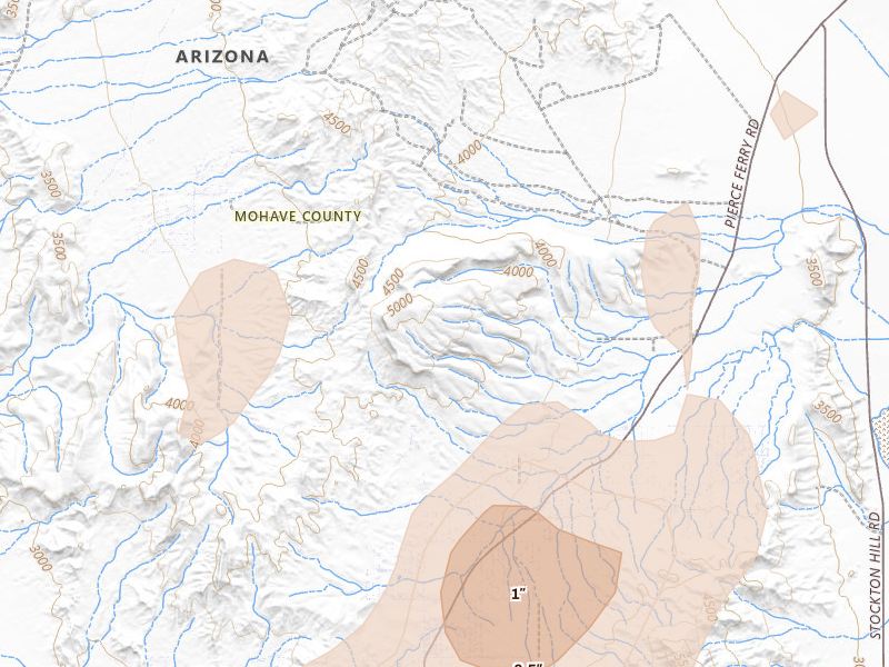 Radar-estimated hail-size map of the storm over Willow Beach, AZ on Aug 14, 2026