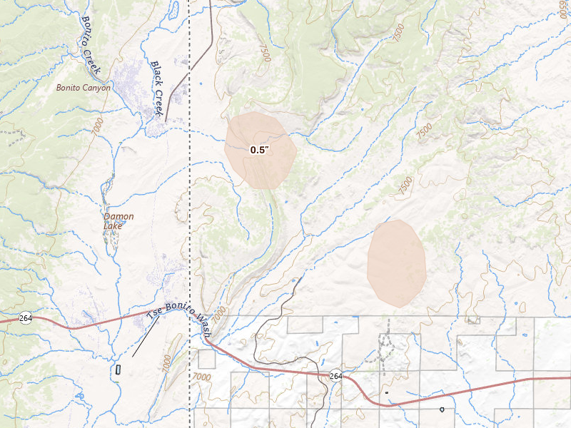 Radar-estimated hail-size map of the storm over Window Rock, AZ on Jul 23, 2026