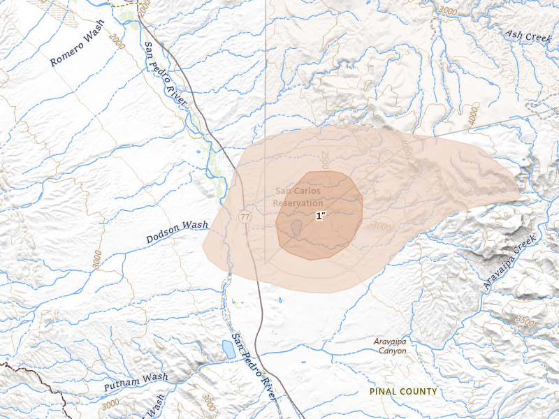 Radar-estimated hail-size map of the storm over Winkelman, AZ on Jul 14, 2026