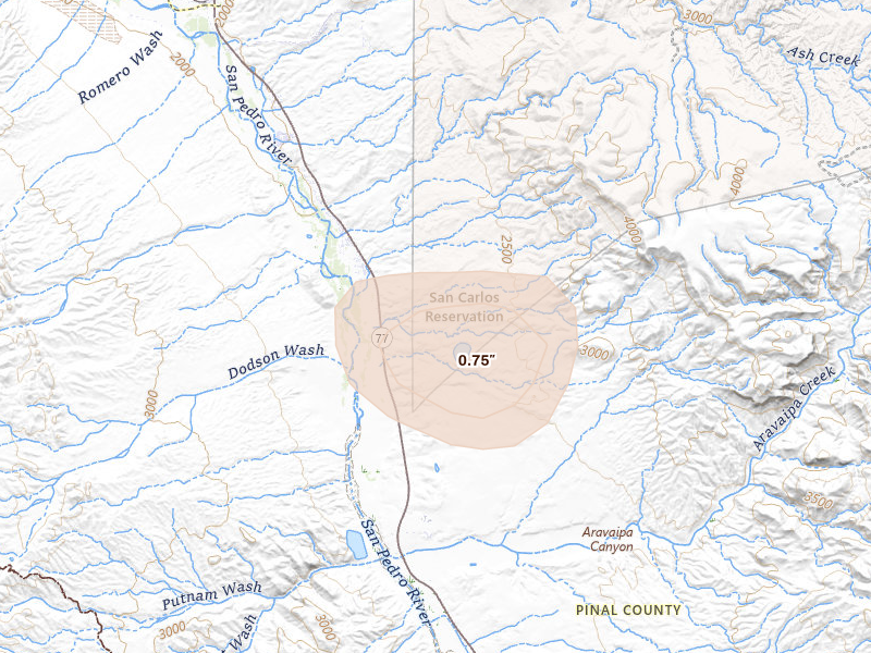 Radar-estimated hail-size map of the storm over Winkelman, AZ on Jul 21, 2026
