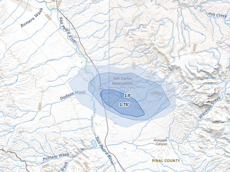 NEXRAD radar-signature map of the hail over Winkelman, AZ