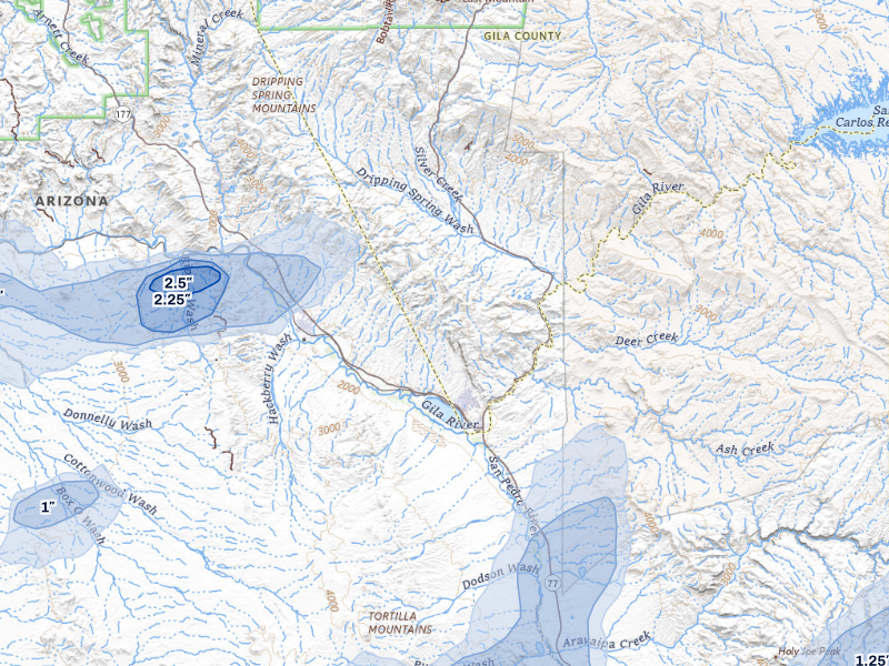 NEXRAD radar-signature map of the hail storm over Winkelman, AZ on Aug 19, 2026