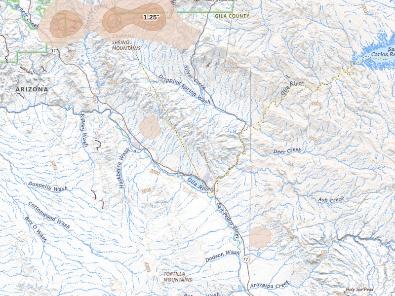 Radar-estimated hail-size map of the storm over Winkelman, AZ on Sep 24, 2026