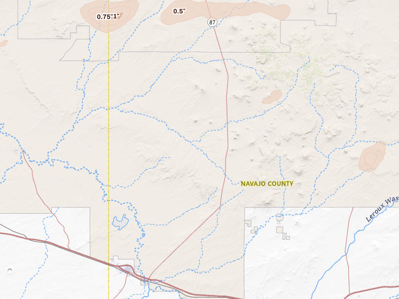 Radar-estimated hail-size map of the storm over Winslow, AZ on Jun 25, 2026