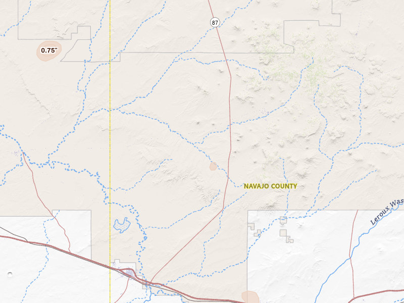 Radar-estimated hail-size map of the storm over Winslow, AZ on Jul 18, 2026