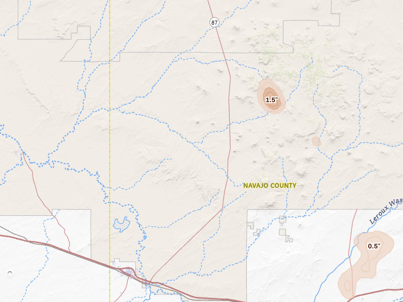 Radar-estimated hail-size map of the storm over Winslow, AZ on Jul 19, 2026