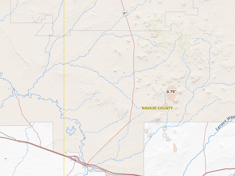 Radar-estimated hail-size map of the storm over Winslow, AZ on Jul 23, 2026