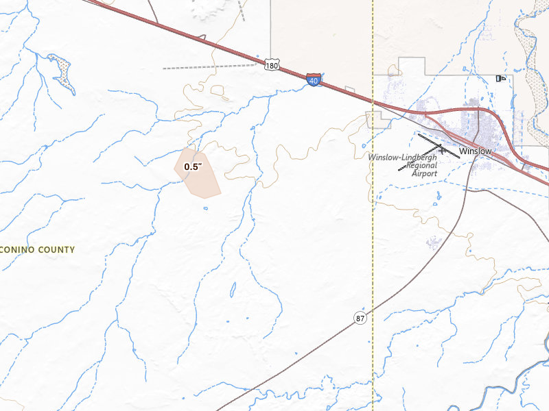 Radar-estimated hail-size map of the storm over Winslow, AZ on Aug 12, 2026