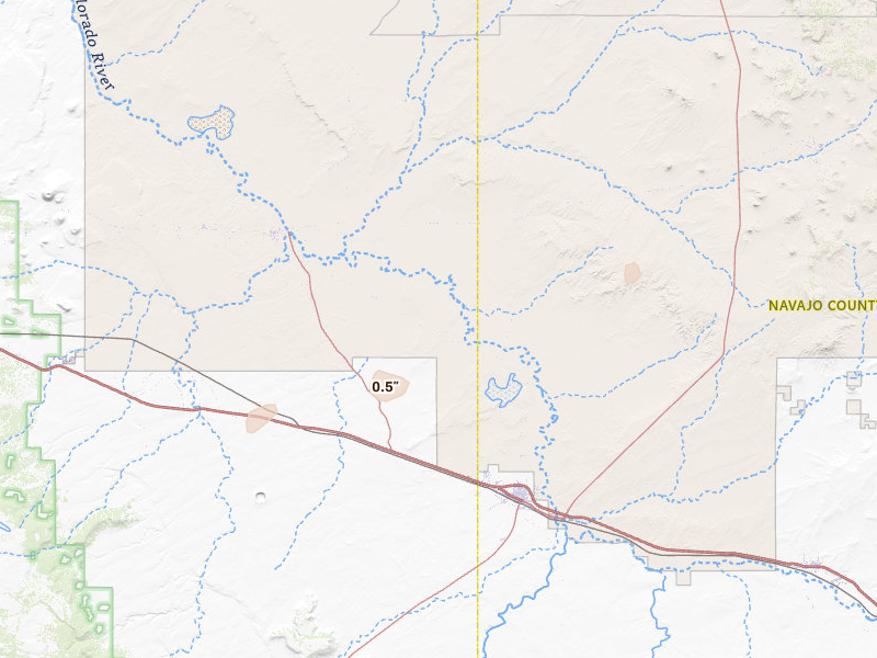 Radar-estimated hail-size map of the storm over Winslow, AZ on Aug 14, 2026