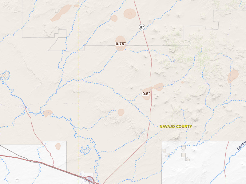 Radar-estimated hail-size map of the storm over Winslow, AZ on Aug 30, 2026