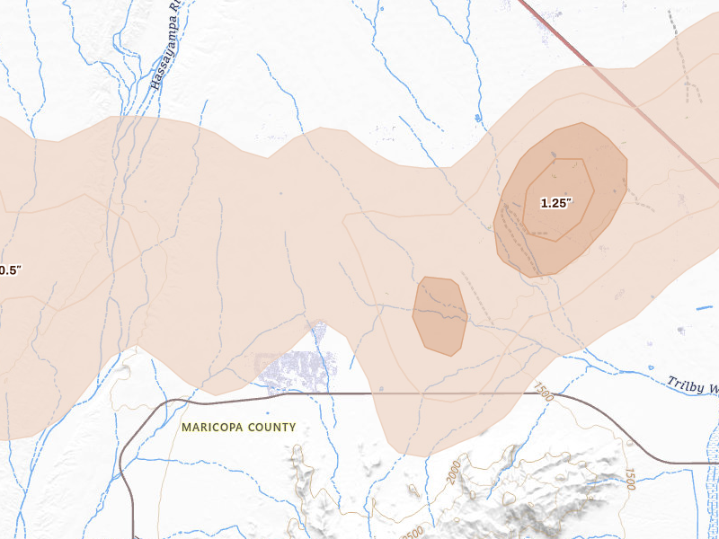 Radar-estimated hail-size map of the storm over Wittmann, AZ on Aug 30, 2026