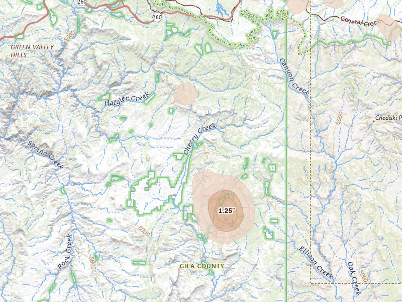Radar-estimated hail-size map of the storm over Young, AZ on Aug 6, 2026